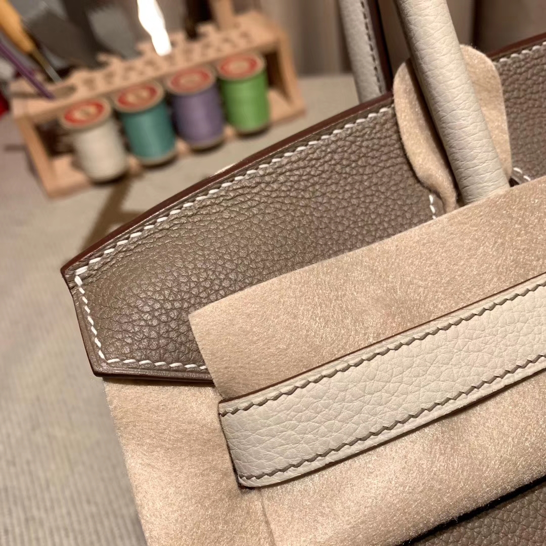 Hermes铂金包 Birkin 30cm Togo 18大象灰拼10奶昔白 磨砂 金扣