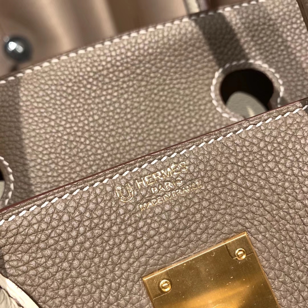 Hermes铂金包 Birkin 30cm Togo 18大象灰拼10奶昔白 磨砂 金扣