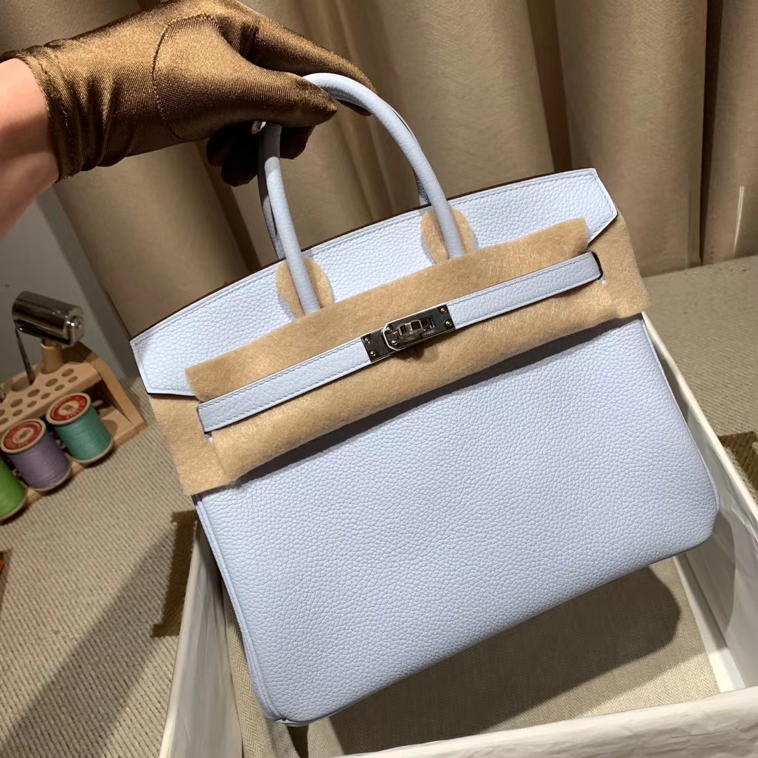 爱马仕包包官网 Birkin 30cm 雾霾蓝 银扣