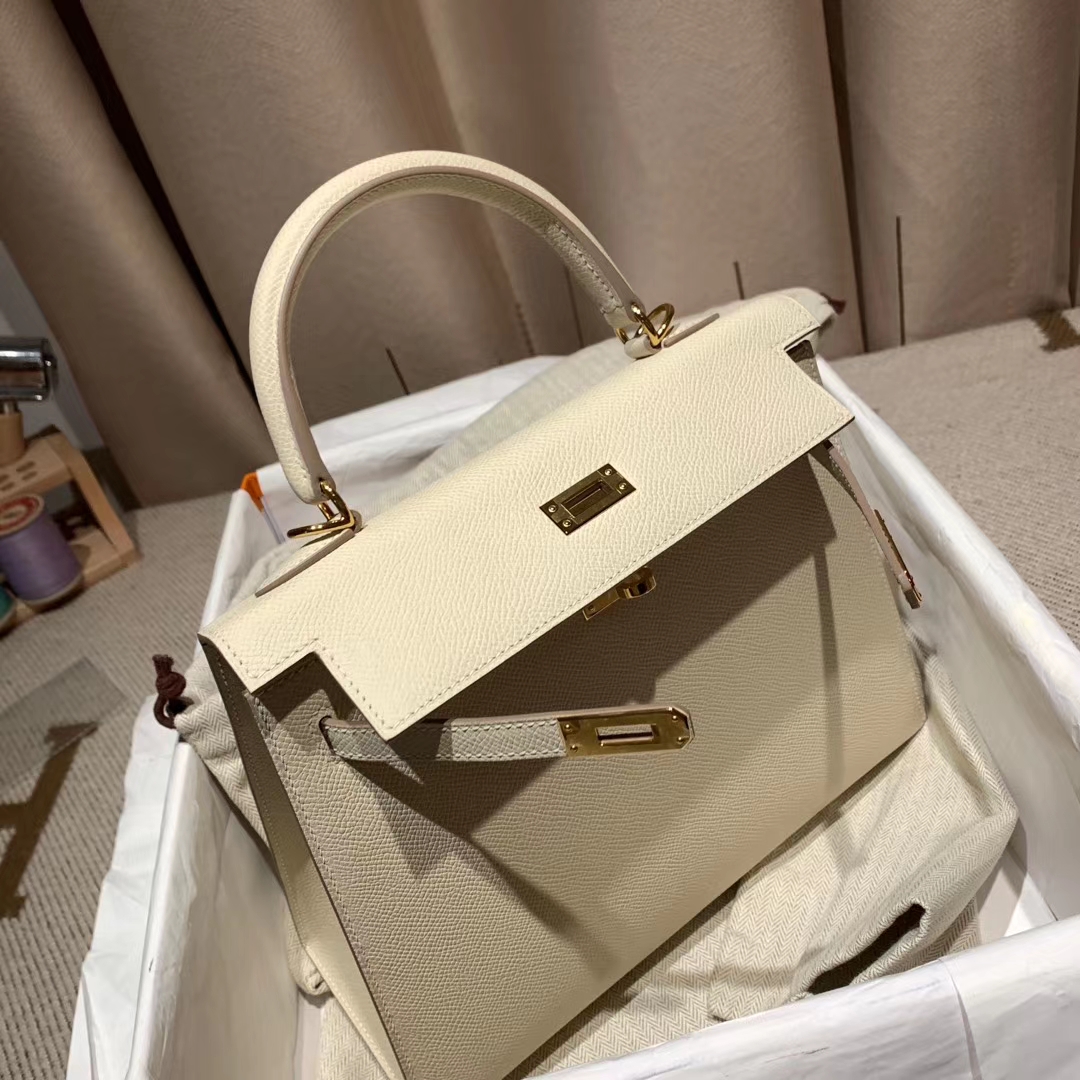 Hermes爱马仕 Kelly 25cm Epsom 10奶昔白 金扣