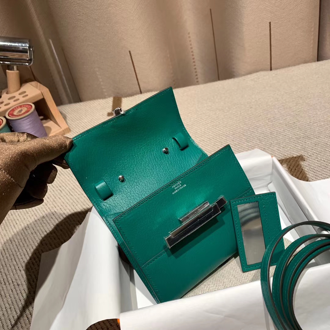 Hermes爱马仕 Minhetic Mini钱包 Cherche山羊皮 U4丝绒绿 银扣 可加肩带斜跨