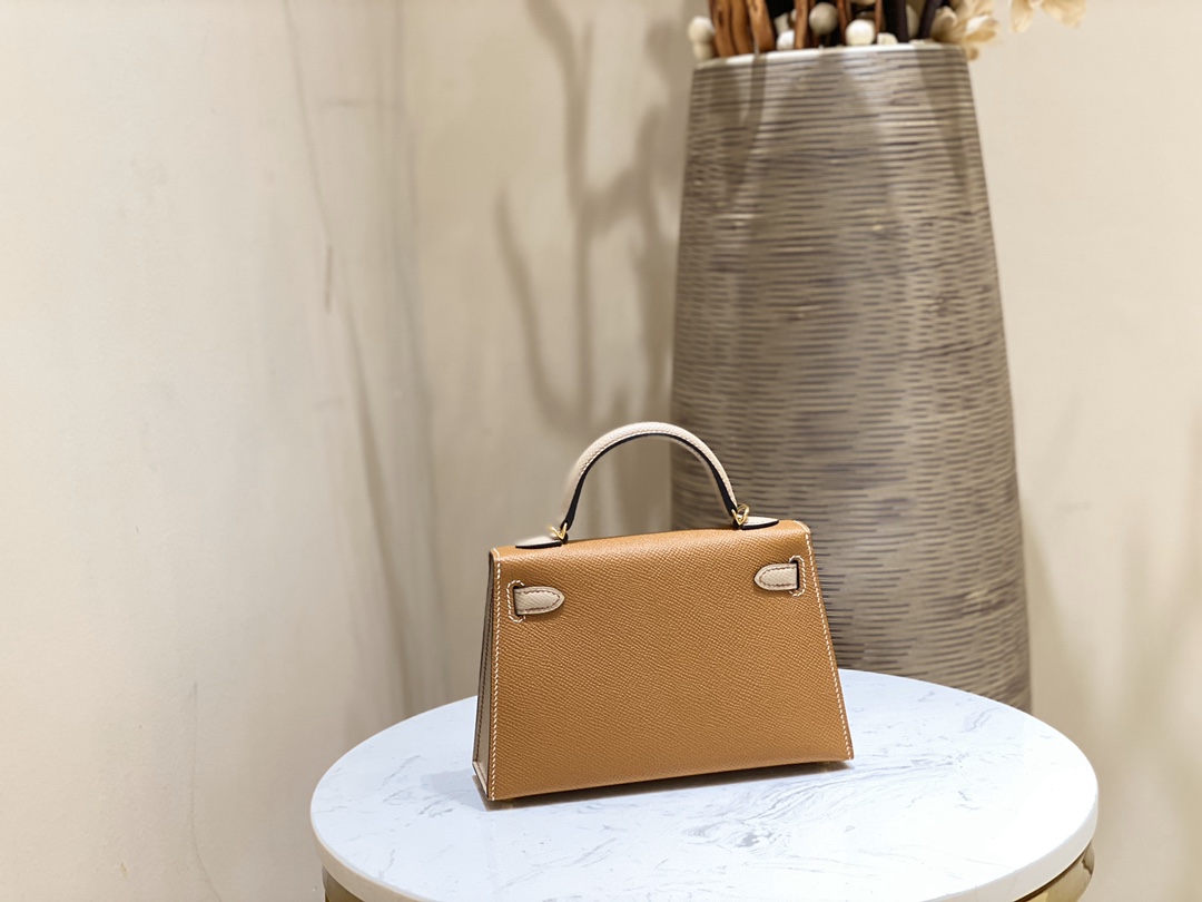 爱马仕包包 Mini Kelly 20cm  37-金棕拼风衣灰 金扣