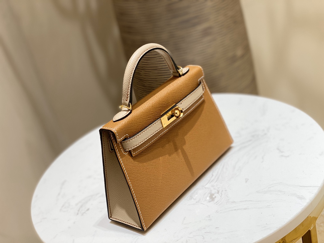 爱马仕包包 Mini Kelly 20cm  37-金棕拼风衣灰 金扣