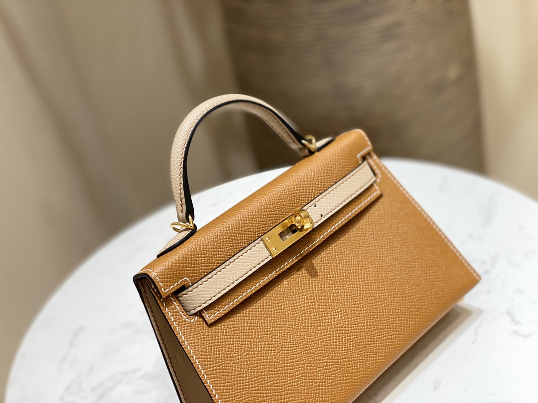 爱马仕包包 Mini Kelly 20cm  37-金棕拼风衣灰 金扣